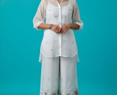 delicate georgette, adorned with hand embroidered borders.perfectly crafted for ethnic elegance